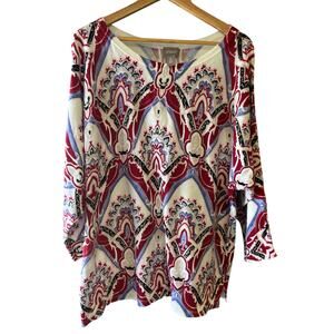 Chico’s Blouse 3 Orange White Stretch Top Wide‎ Sleeve Boho Casual